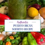 Puerto Rican Sofrito in a glass jar with all of the ingredients under it.