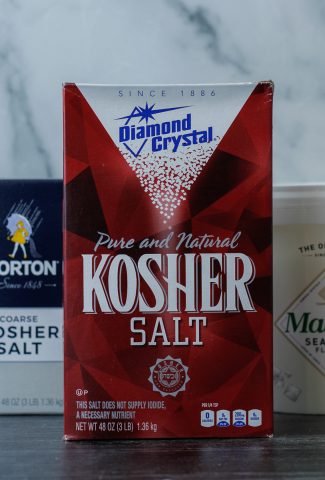 Boxes of Morton Coarse Kosher Salt, Diamond Crystal Kosher Salt, and Maldon Sea Salt.