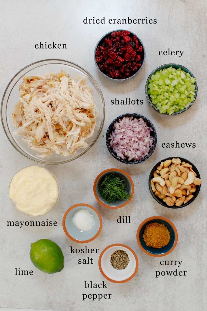 Curry chicken salad ingredients in separate bowls -- shredded chicken, dried cranberries, celery, shallots, cashews, dill, mayonnaise, curry powder, kosher salt, black pepper, and lime.