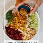 Sprinkling curry powder onto a bowl filled with curry chicken salad ingredients.