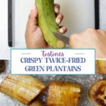 Top photo Slicing shallow cuts down the length of a green plantain using a paring knife. Bottom photo Golden brown green plantains frying in a large skillet with vegetable oil.