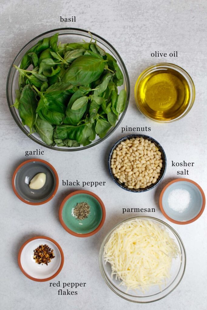 Basil pesto ingredient layout. 