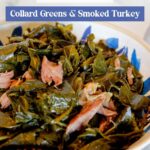 Collard greens with smoked turkey necks in a blue bowl.