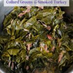 Collard greens with smoked turkey necks in a blue bowl.