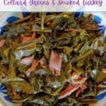 Collard greens with smoked turkey necks in a blue bowl.