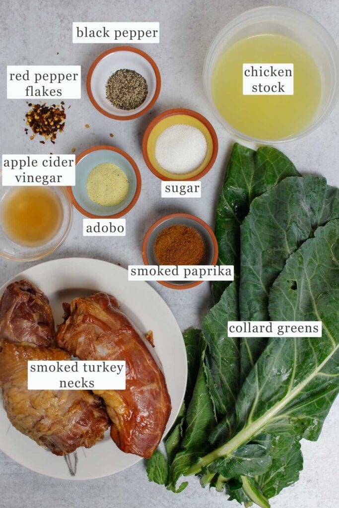 Ingredient layout for collard greens with smoked turkey necks.