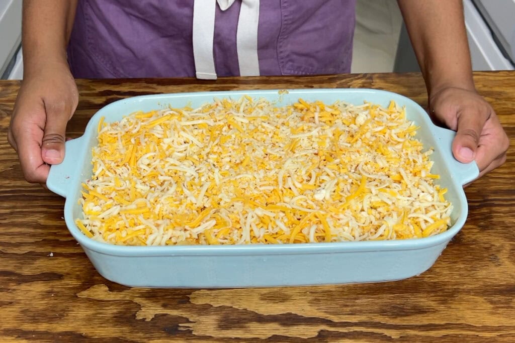 Four cheese macaroni and cheese in a baking dish.