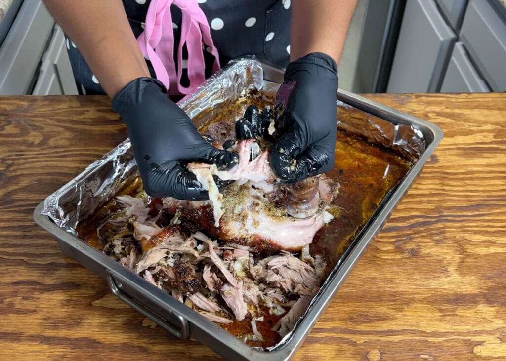 Shredding Puerto Rican roasted pork shoulder (pernil).