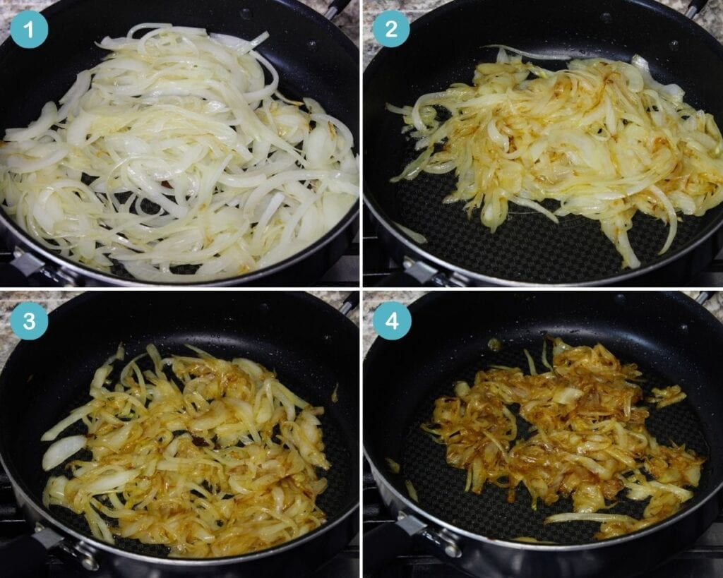 Four stages of caramelizing sliced onions.