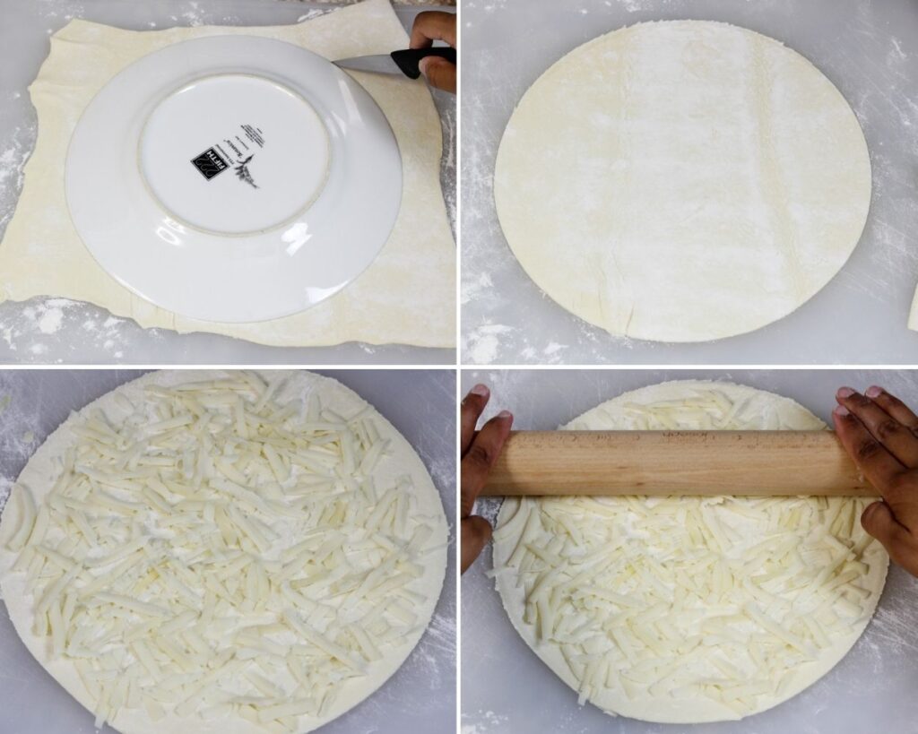 Four step by step shots of cutting puff pastry into a 12 inch circle.