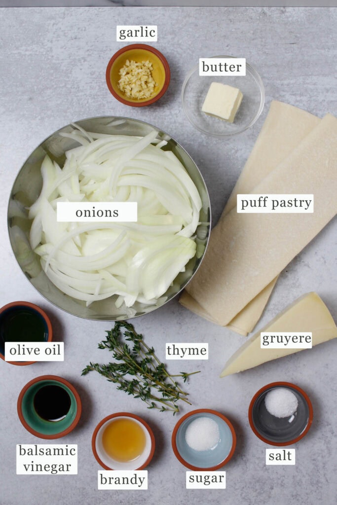 French Onion Puff Pastry Twist ingredient layout.