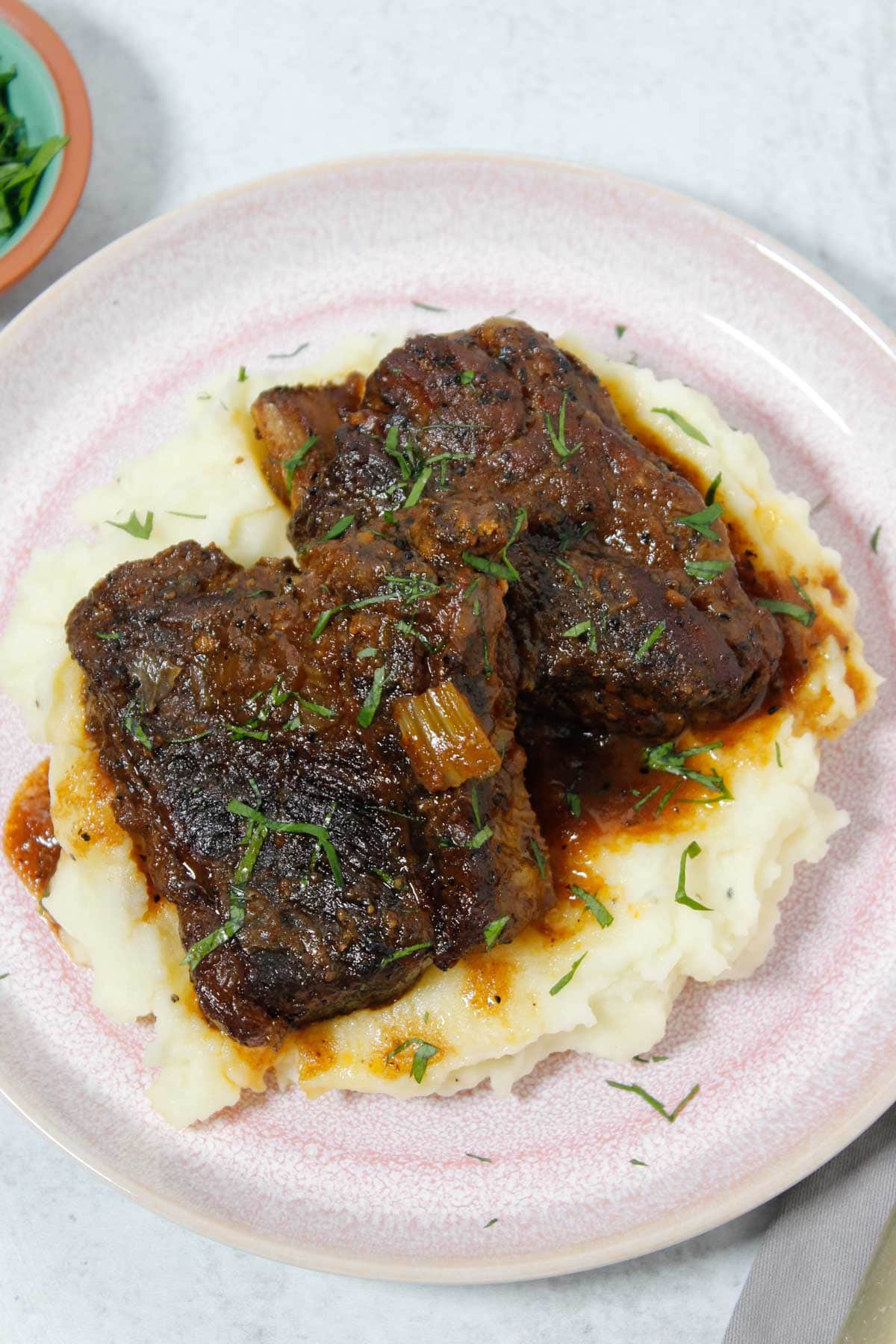 Oven Braised Short Ribs over mashed potatoes.