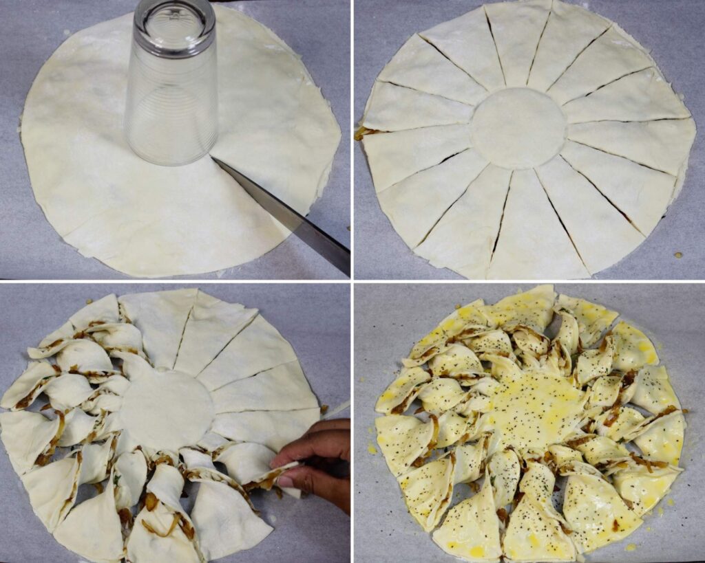 Four step by step shots of cutting puff pastry round into strips and twisting.