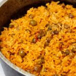 Arroz con gandules in a caldero.