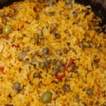 Arroz con gandules in a caldero.