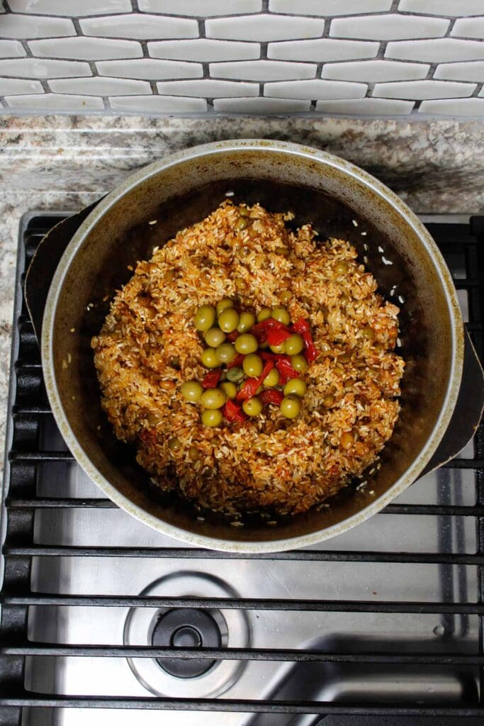 Pitted olives in arroz con gandules.